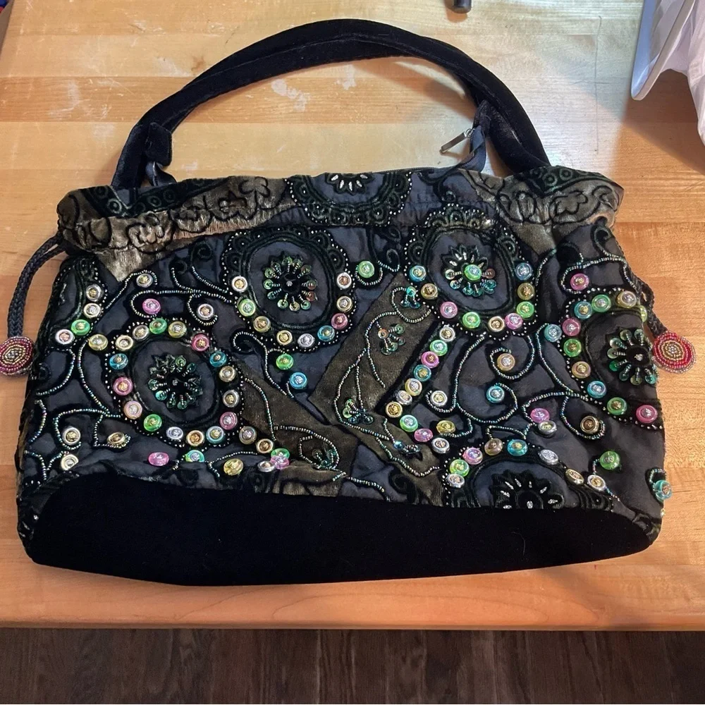 Rare Boho Vintage Beaded Velvet Evening Bag Embroidered Floral Jewel Purse